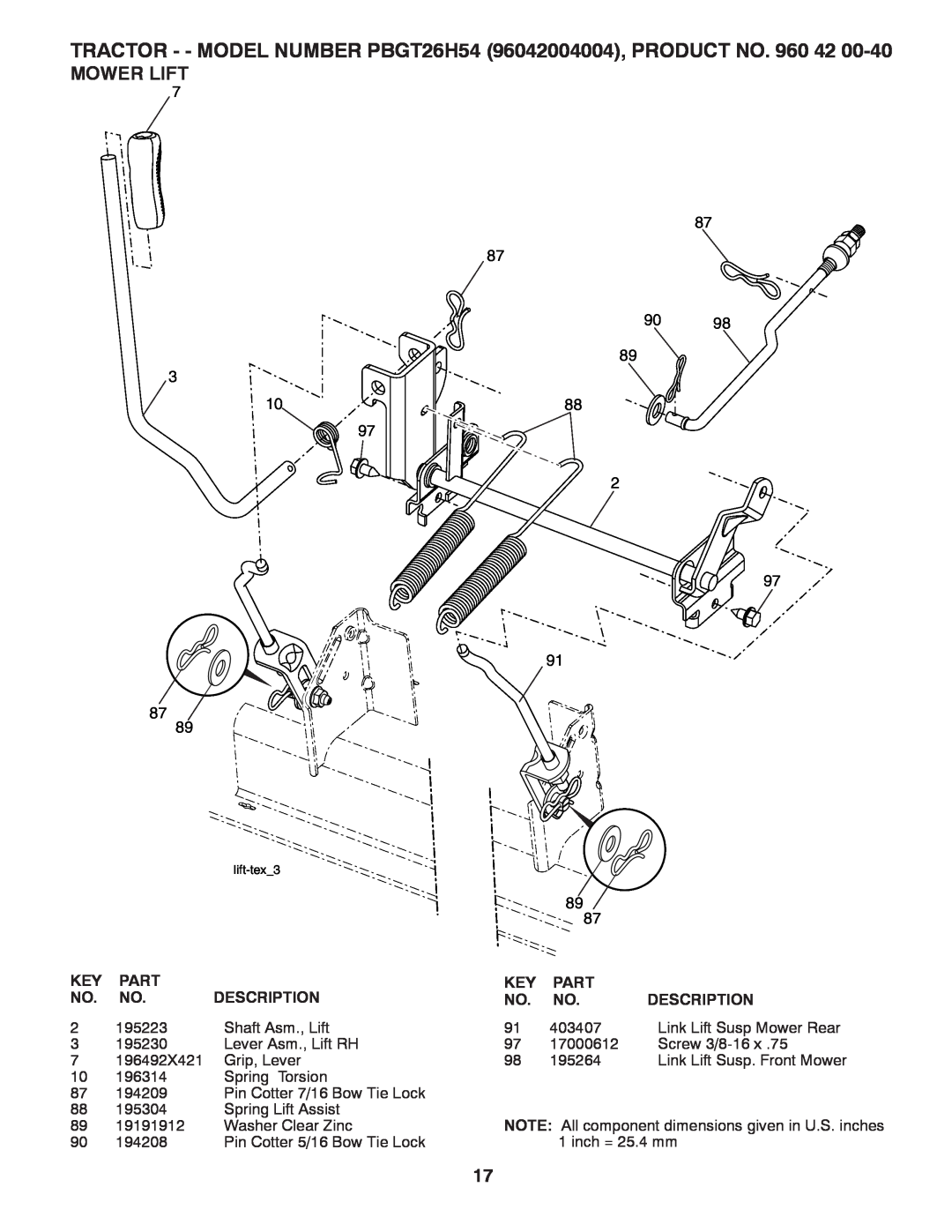 Poulan 423350 manual Mower Lift, TRACTOR - - MODEL NUMBER PBGT26H54 96042004004, PRODUCT NO. 960, lift-tex3 