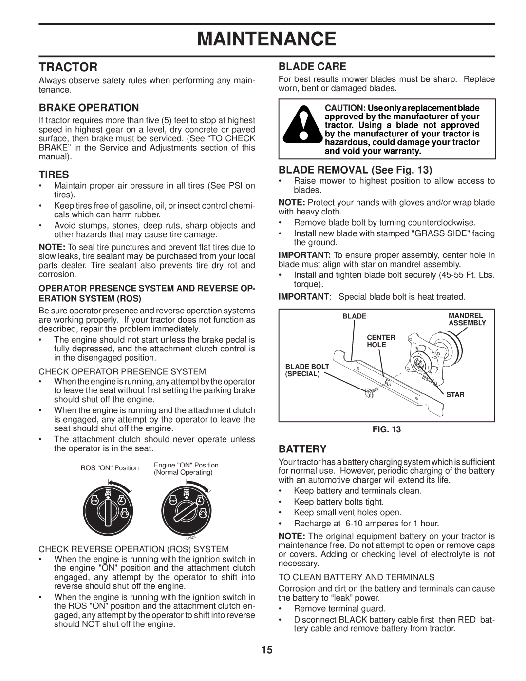 Poulan 96042004100 manual Tractor, Brake Operation, Tires, Blade Care, Battery 