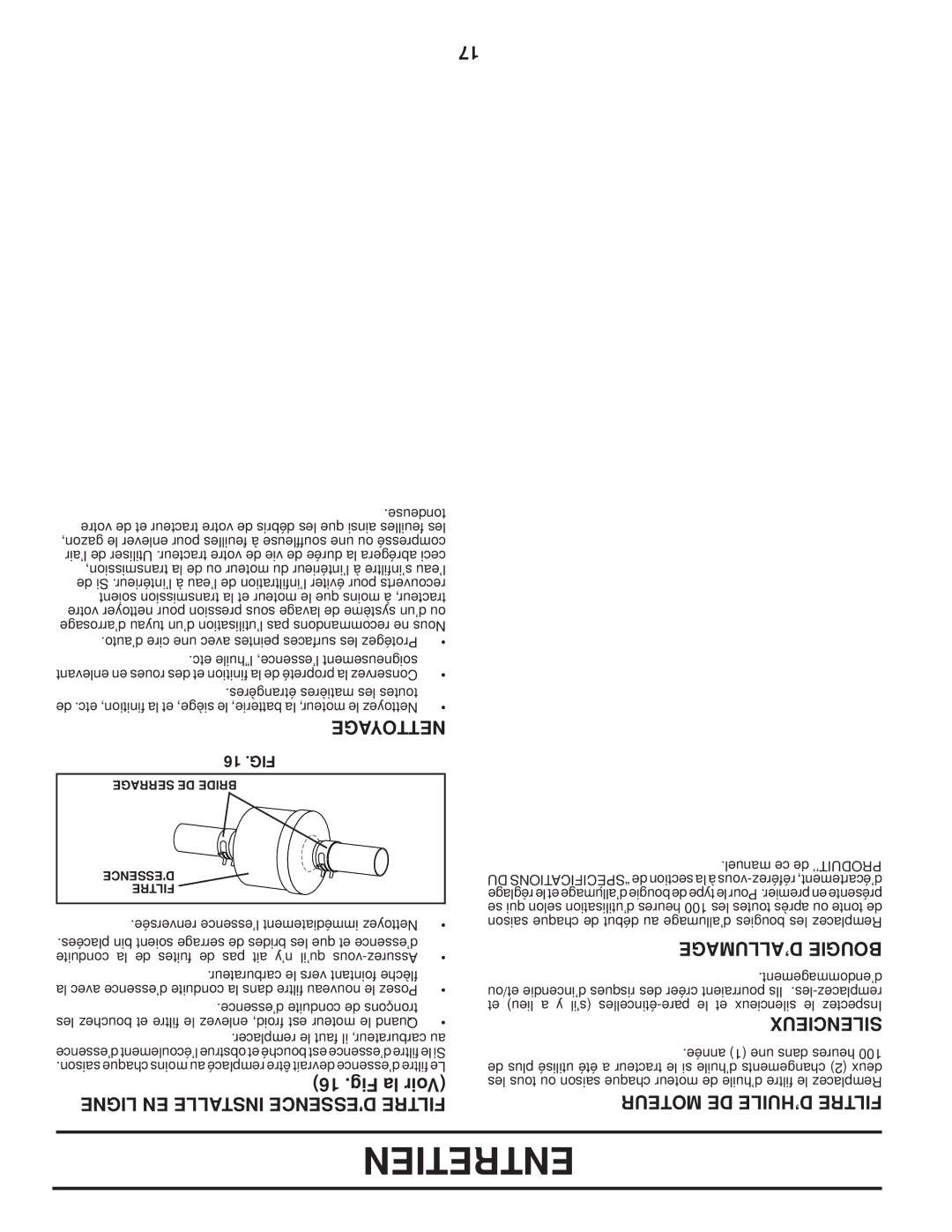 Poulan 96042004100 manual Entretien, Fig la Voir, ’ALLUMAGE Bougie, Moteur DE D’HUILE Filtre 