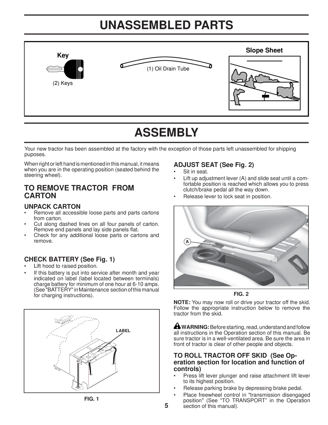 Poulan 96042004100 manual Unassembled Parts, Assembly, To Remove Tractor from Carton, Unpack Carton 