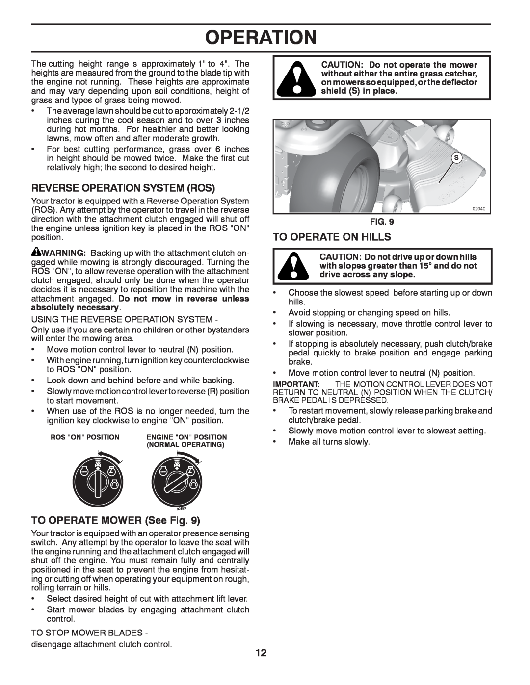 Poulan 96042004700 manual Reverse Operation System Ros, To Operate On Hills, TO OPERATE MOWER See Fig, Ros On Position 