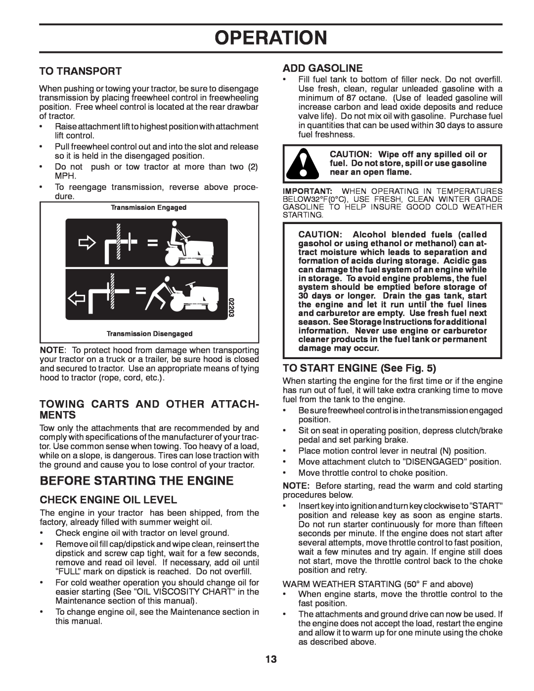 Poulan 418769 Before Starting The Engine, Operation, To Transport, Towing Carts And Other Attach- Ments, Add Gasoline 