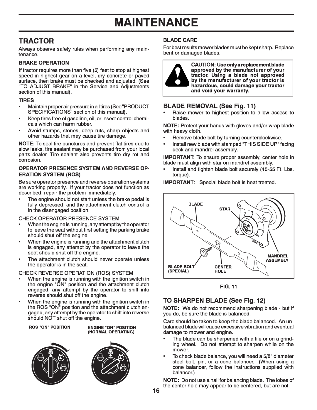 Poulan 96042004700, 418769 manual Tractor, Maintenance, BLADE REMOVAL See Fig, TO SHARPEN BLADE See Fig 