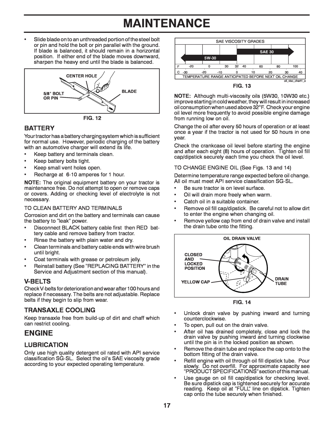 Poulan 418769, 96042004700 manual Engine, Maintenance, Battery, V-Belts, Transaxle Cooling, Lubrication 