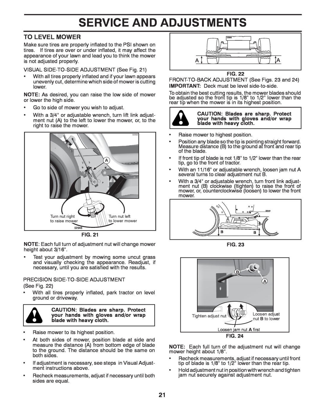 Poulan 418769 Service And Adjustments, To Level Mower, Turn nut right, Turn nut left, to raise mower, Tighten adjust nut 