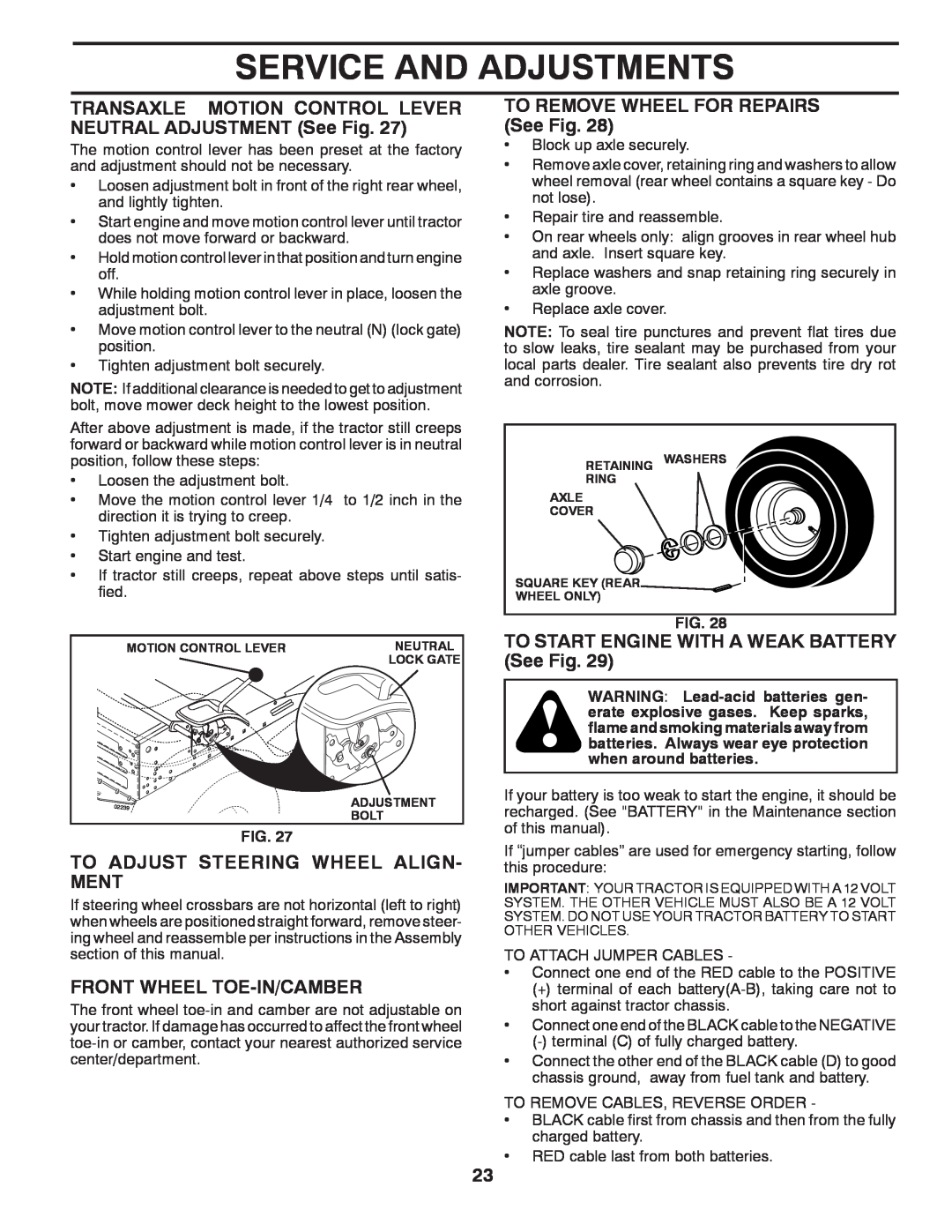 Poulan 418769, 96042004700 manual Service And Adjustments, TRANSAXLE MOTION CONTROL LEVER NEUTRAL ADJUSTMENT See Fig 