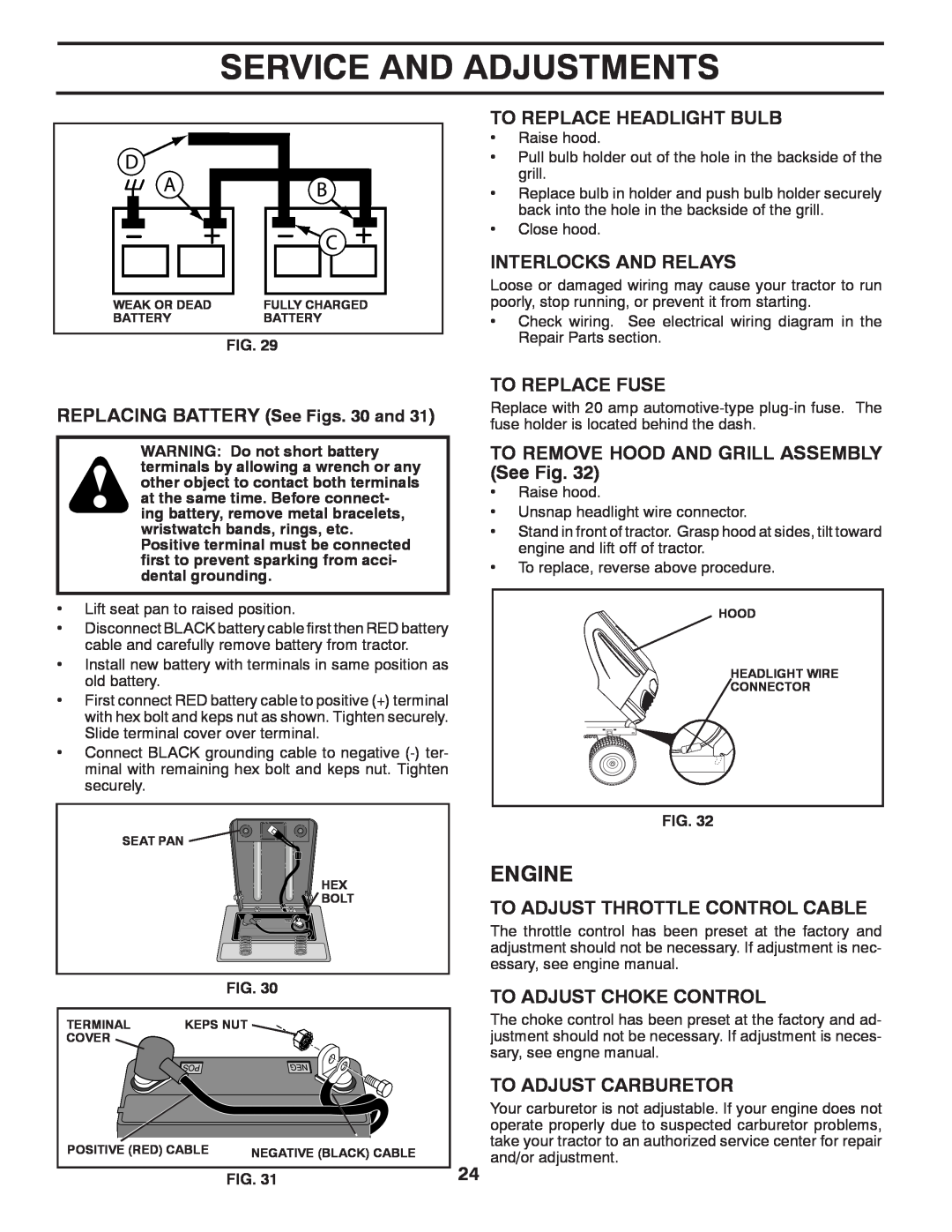 Poulan 96042004700 Service And Adjustments, Engine, To Replace Headlight Bulb, Interlocks And Relays, To Replace Fuse 