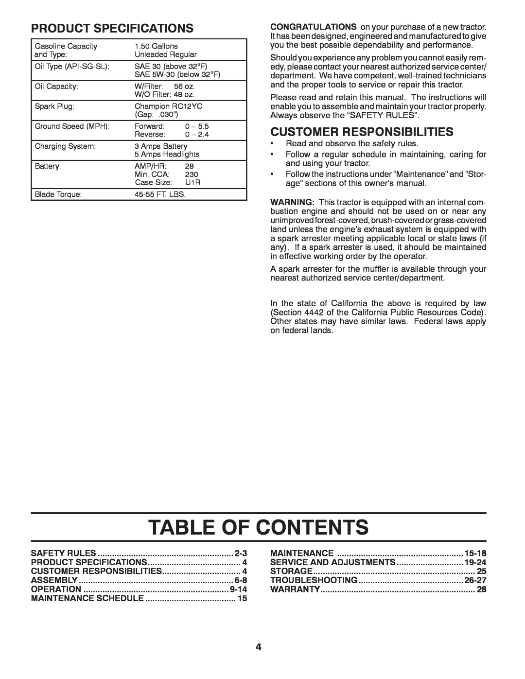 Poulan 96042004700, 418769 manual Table Of Contents, Product Specifications, Customer Responsibilities 