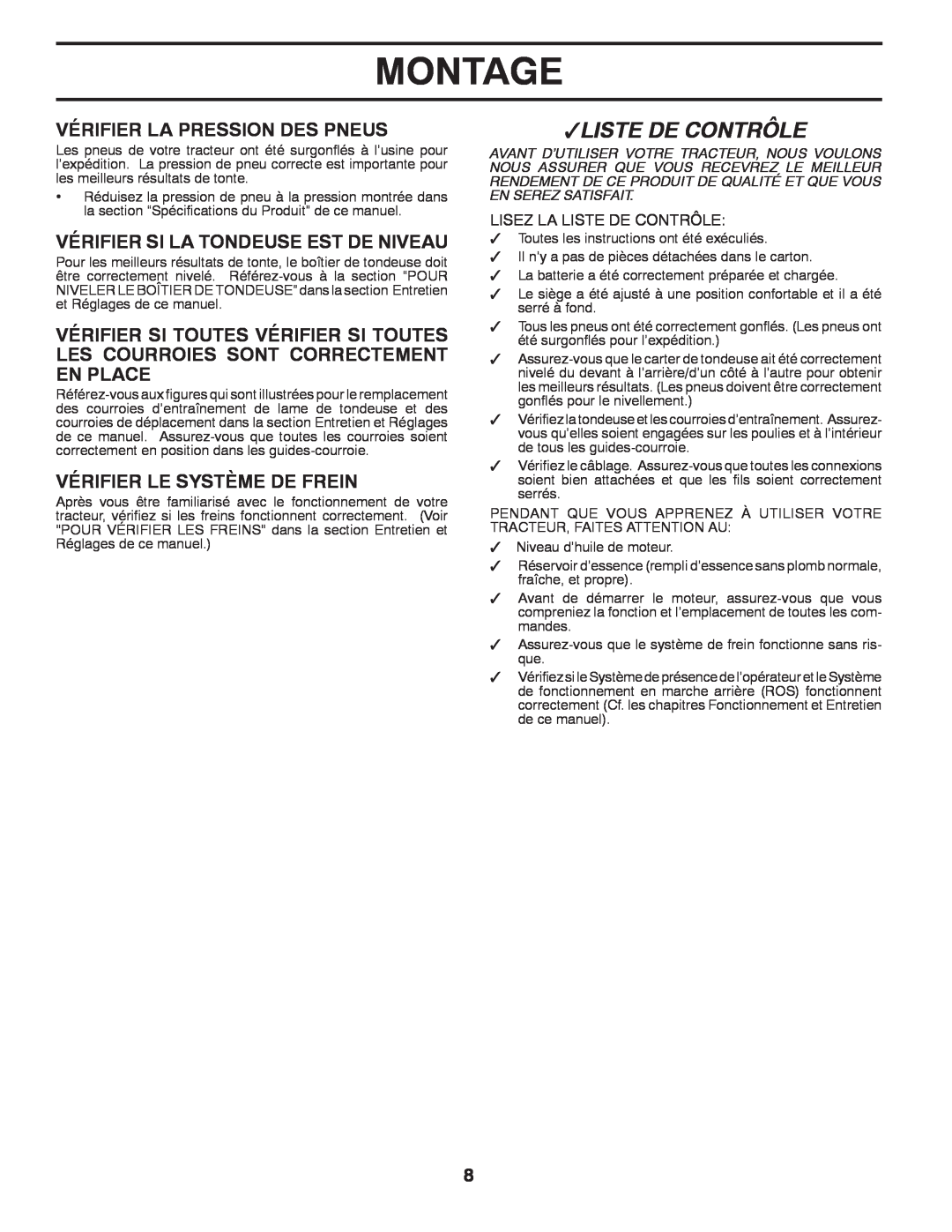Poulan 418769 manual Montage, Liste De Contrôle, Vérifier La Pression Des Pneus, Vérifier Si La Tondeuse Est De Niveau 