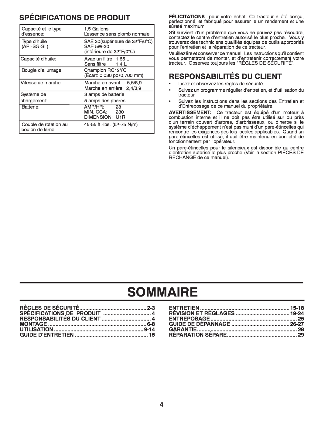 Poulan 418769, 96042004700 manual Sommaire, Spécifications De Produit, Responsabilités Du Client 