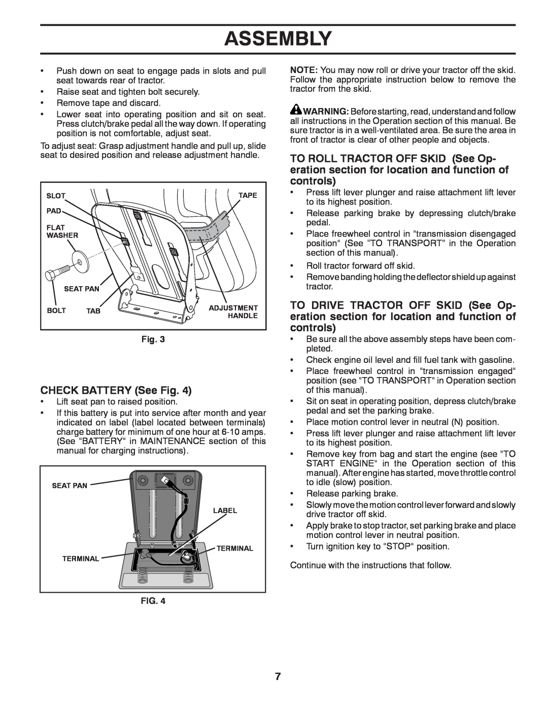 Poulan 418769, 96042004700 manual Assembly, CHECK BATTERY See Fig 