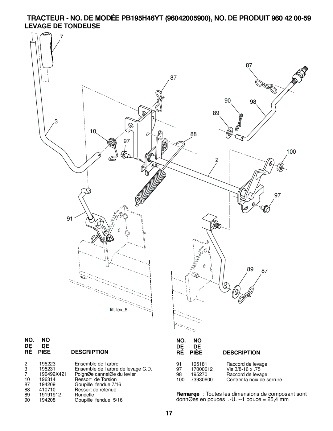 Poulan 96042005900 manual Tondeuse DE Levage 