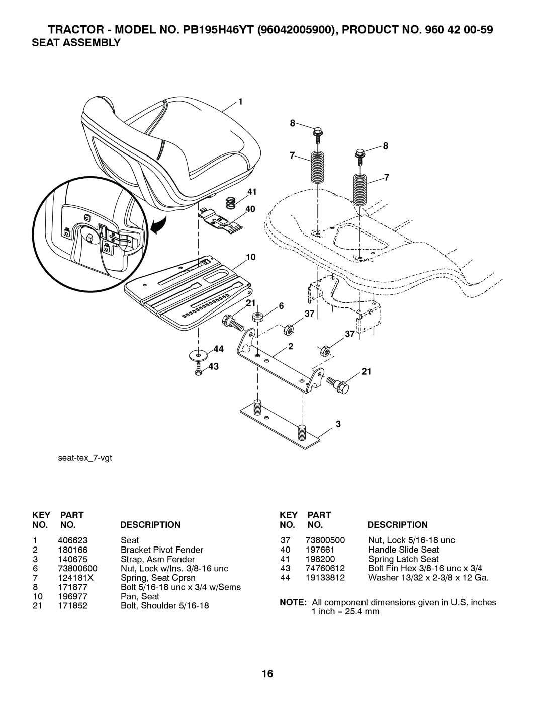 Poulan manual Seat Assembly, TRACTOR - MODEL NO. PB195H46YT 96042005900, PRODUCT NO. 960 42, Part, Description 
