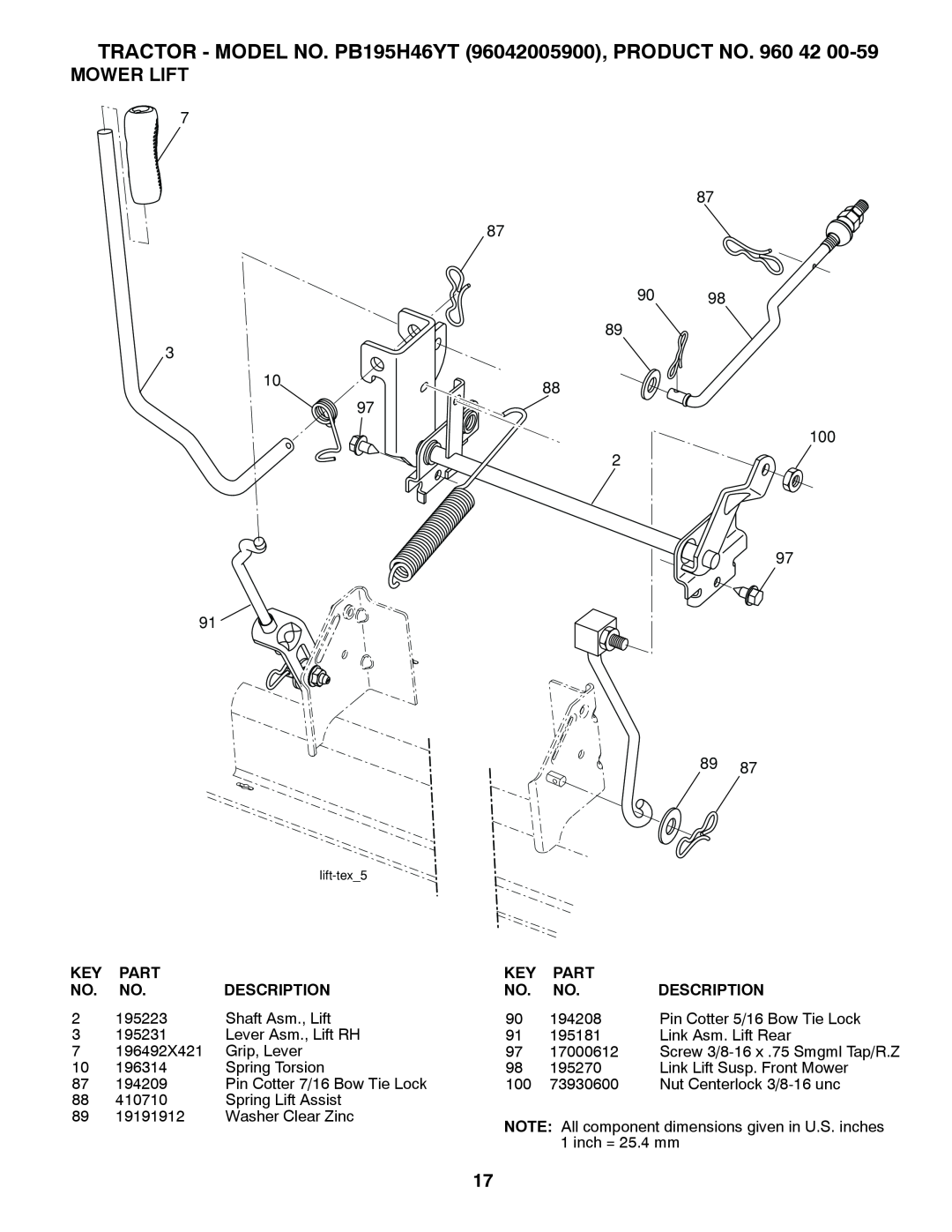 Poulan manual Mower Lift, 9098, TRACTOR - MODEL NO. PB195H46YT 96042005900, PRODUCT NO. 960 42, Part, Description 