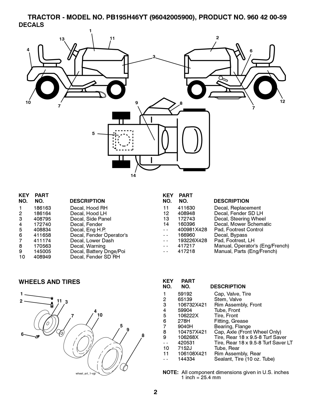 Poulan TRACTOR - MODEL NO. PB195H46YT 96042005900, PRODUCT NO. 960 42, Decals, Wheels And Tires, Part, Description 
