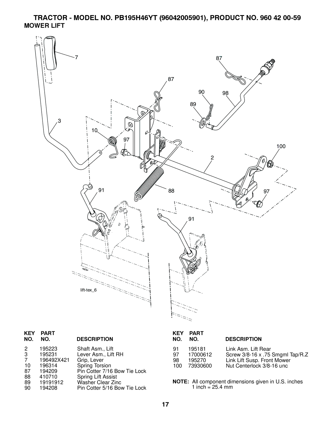 Poulan 96042005901 manual Mower Lift, 100 