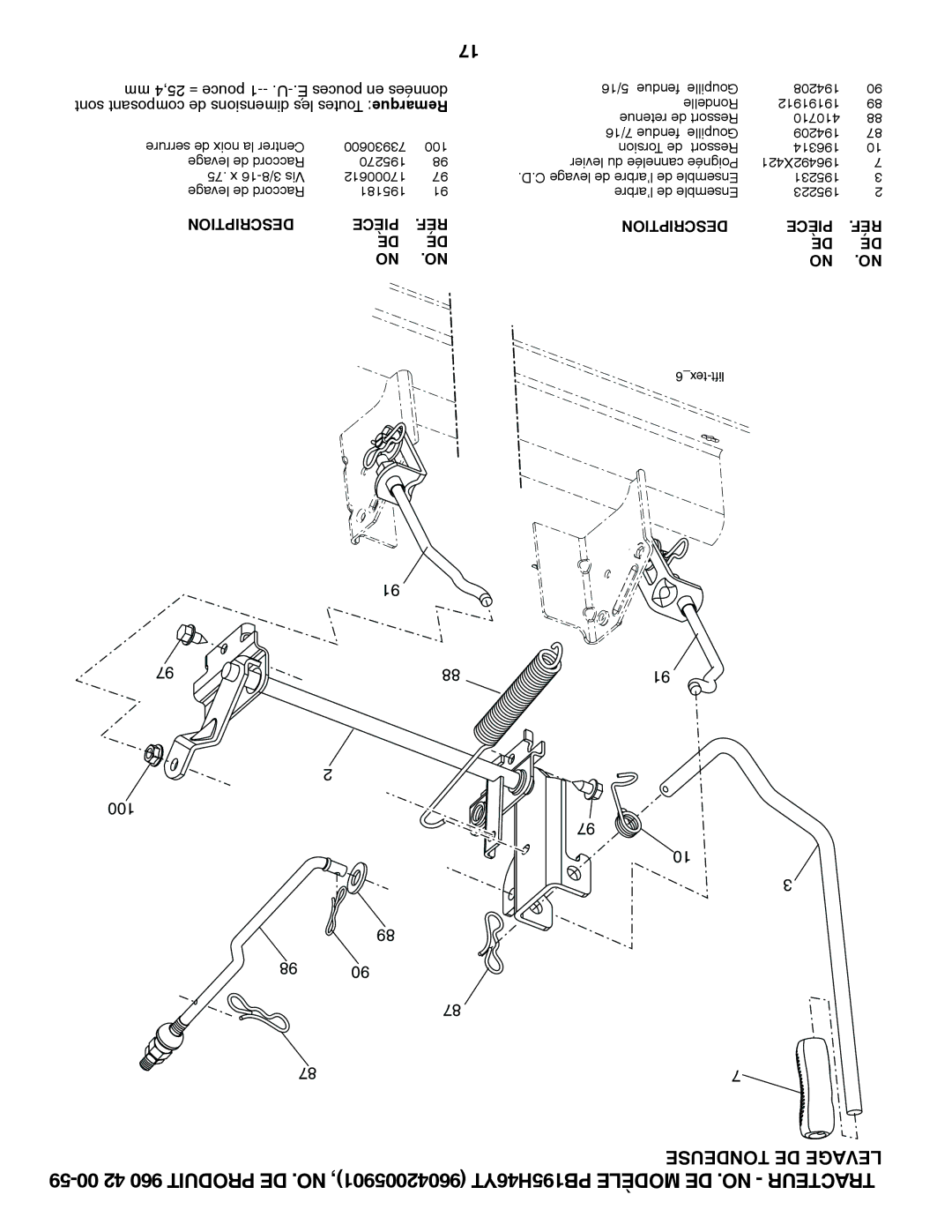 Poulan 96042005901 manual Tondeuse DE Levage, Sont composant de dimensions les Toutes Remarque 