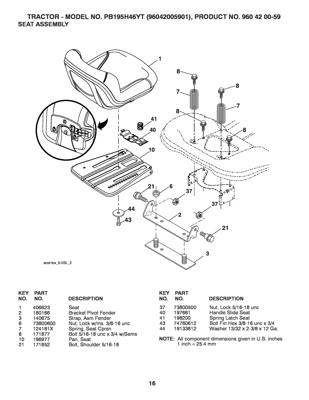 Poulan manual Seat Assembly, TRACTOR - MODEL NO. PB195H46YT 96042005901, PRODUCT NO, Part, Description 