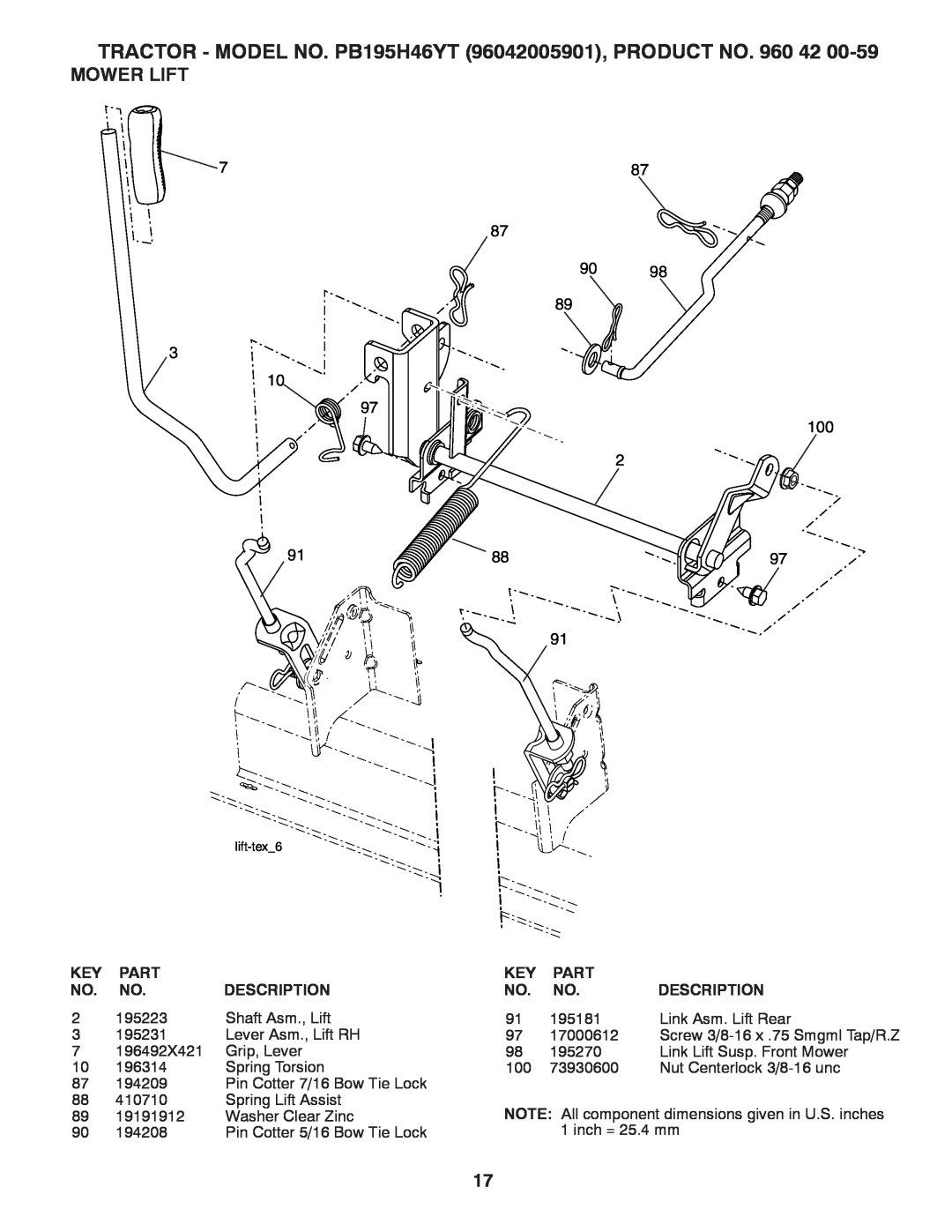 Poulan manual Mower Lift, TRACTOR - MODEL NO. PB195H46YT 96042005901, PRODUCT NO. 960, Part, Description 