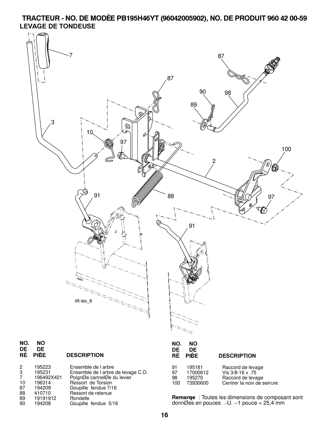 Poulan 96042005902 manual Tondeuse DE Levage 