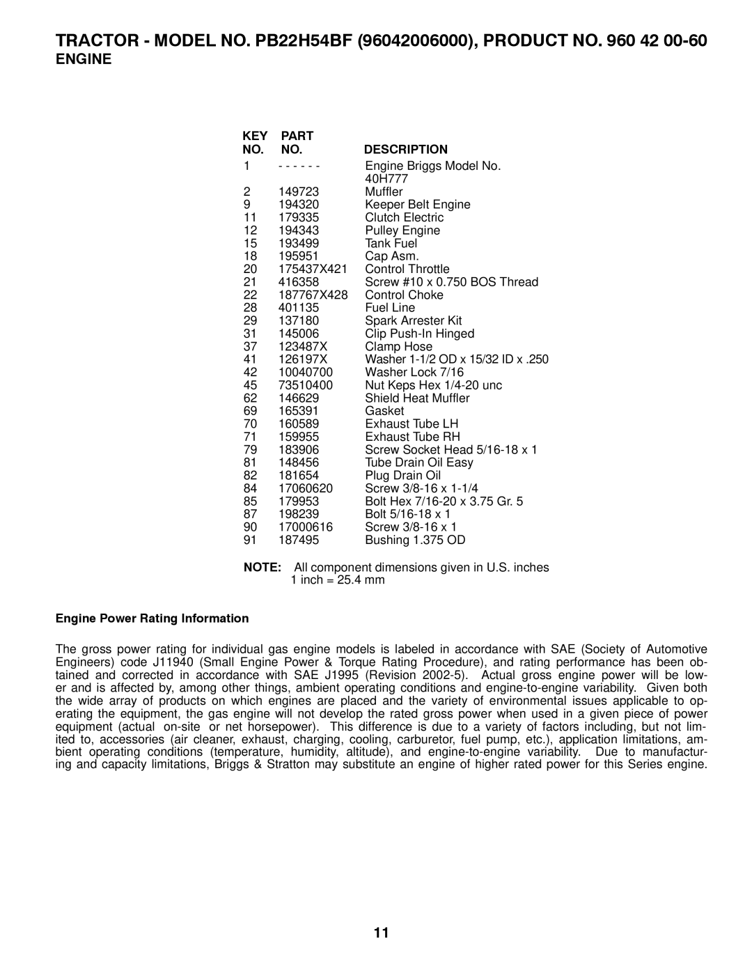 Poulan 96042006000 manual Engine Power Rating Information 