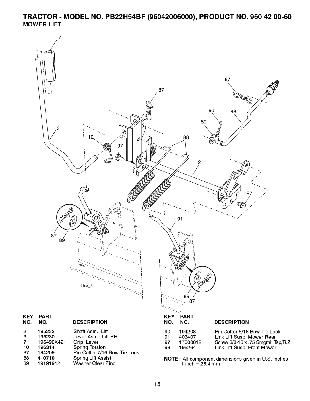 Poulan 96042006000 manual Mower Lift 