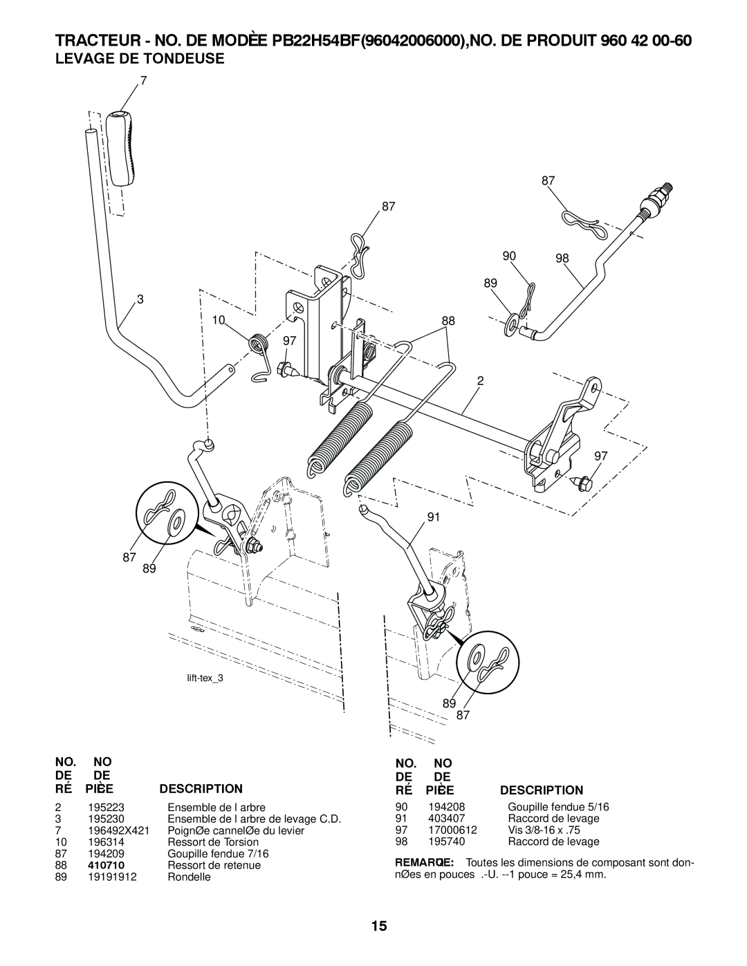 Poulan 96042006000 manual Tondeuse DE Levage, 410710 