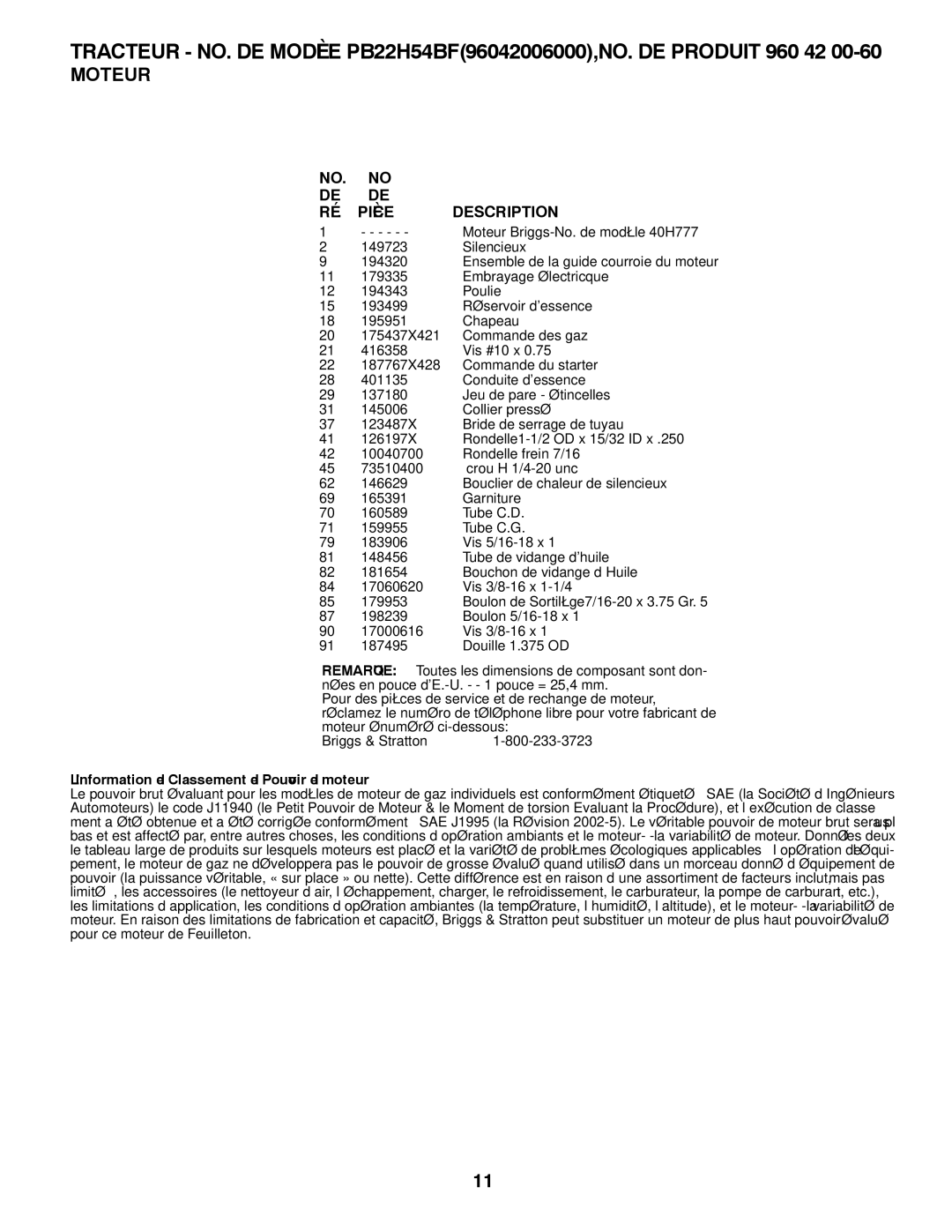 Poulan 96042006000 manual Moteur de Pouvoir de Classement de L’Information 