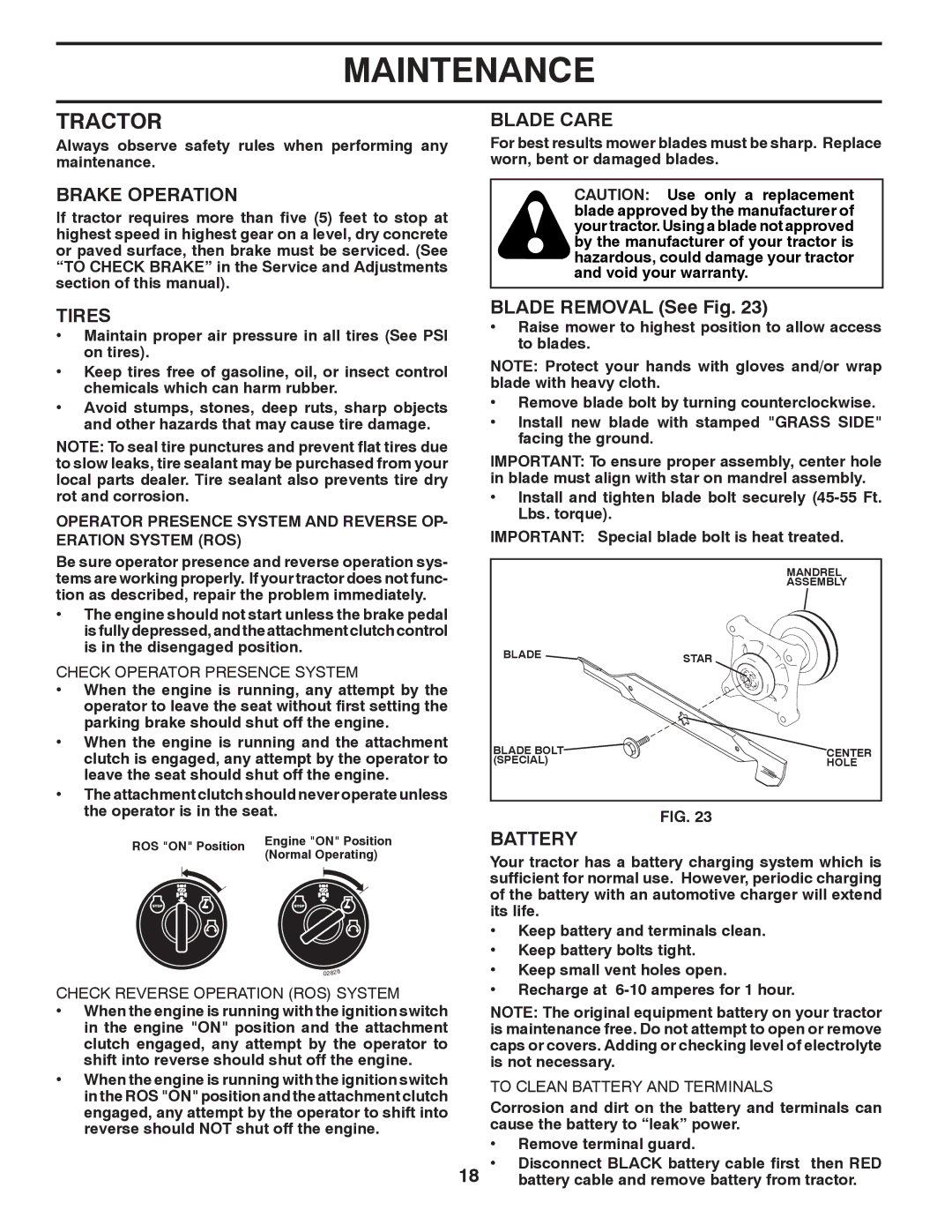 Poulan 96042006001 manual Tractor, Brake Operation, Blade Care, Tires, Battery 