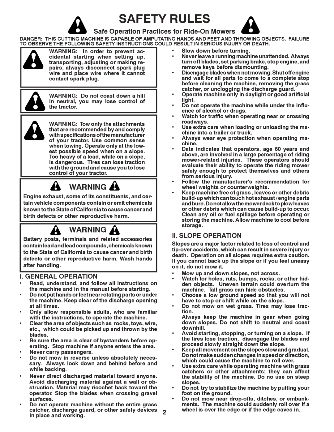 Poulan 96042006001 manual Safe Operation Practices for Ride-On Mowers, General Operation, II. Slope Operation 