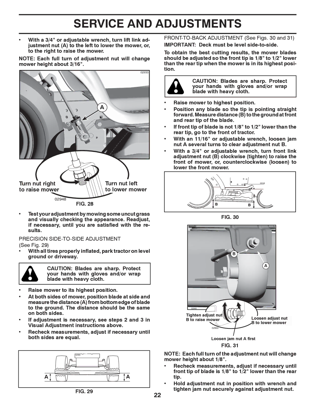 Poulan 96042006001 manual Turn nut right Turn nut left To raise mower, To lower mower 