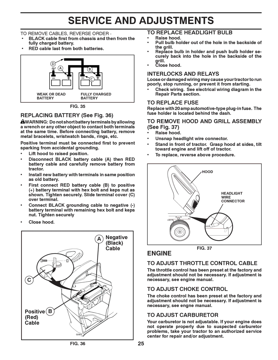 Poulan 96042006001 To Replace Headlight Bulb, Interlocks and Relays, To Replace Fuse, To Adjust Throttle Control Cable 