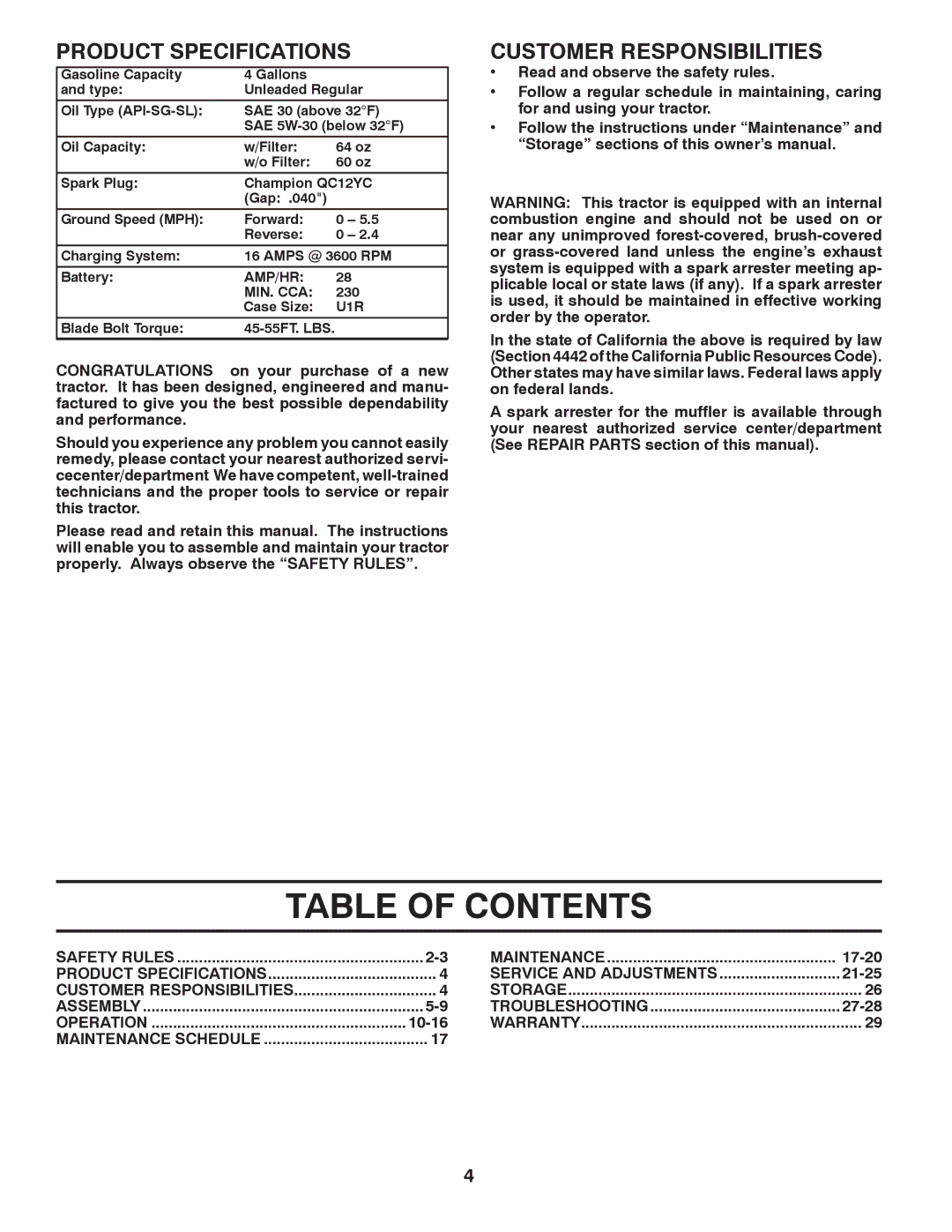 Poulan 96042006001 manual Table of Contents 