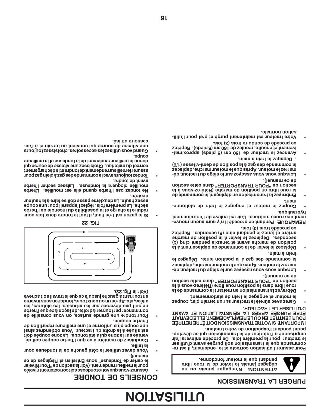 Poulan 96042006001 manual Utilisation, Transmission LA Purger, 22 .FIG 