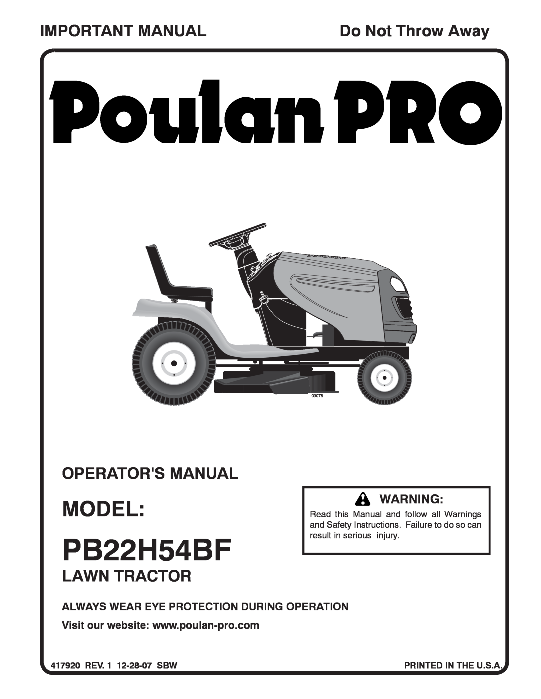 Poulan 96042006001 manual Model, Important Manual, Operators Manual, Lawn Tractor, Do Not Throw Away, PB22H54BF, 03076 