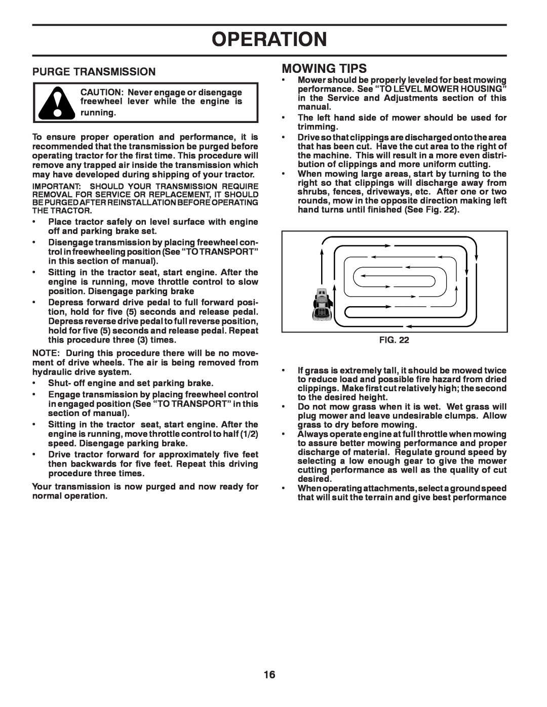 Poulan 96042006001 manual Mowing Tips, Purge Transmission, Operation 
