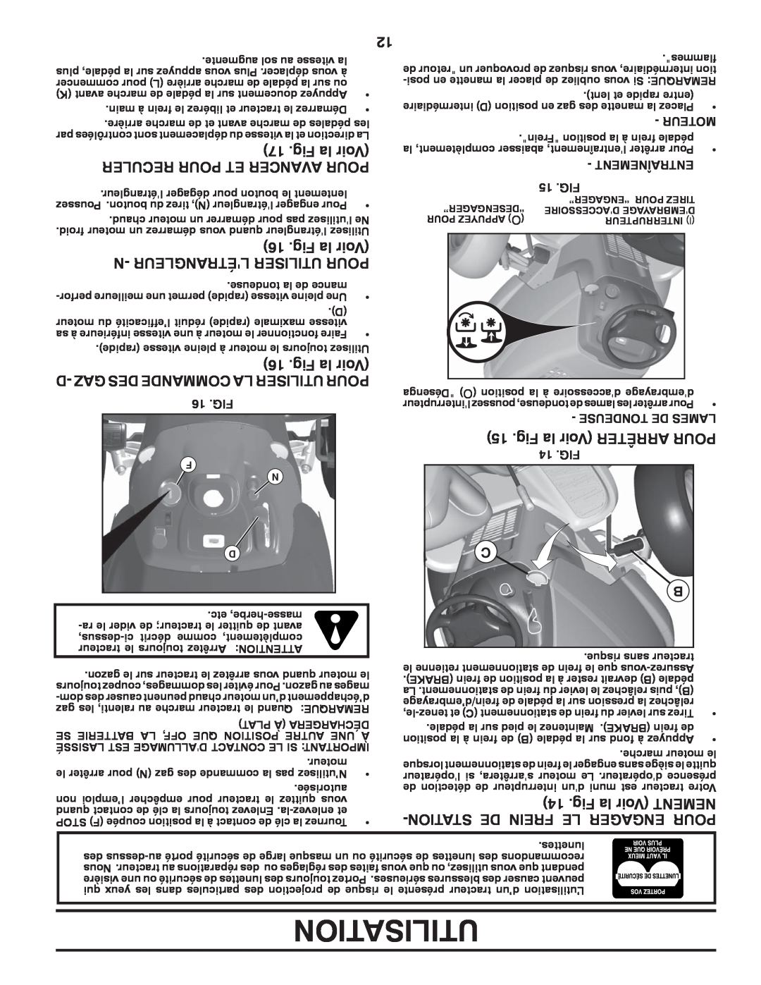 Poulan 96042006001 manual Fig la Voir, Reculer Pour Et Avancer Pour, N- Létrangleur Utiliser Pour, Utilisation 