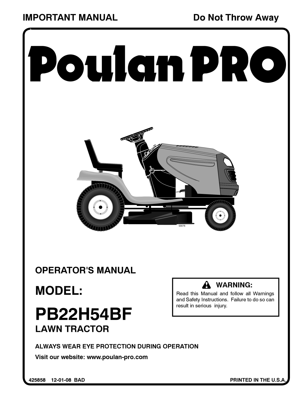 Poulan 9604200602 manual Model, 425858 12-01-08 BAD 