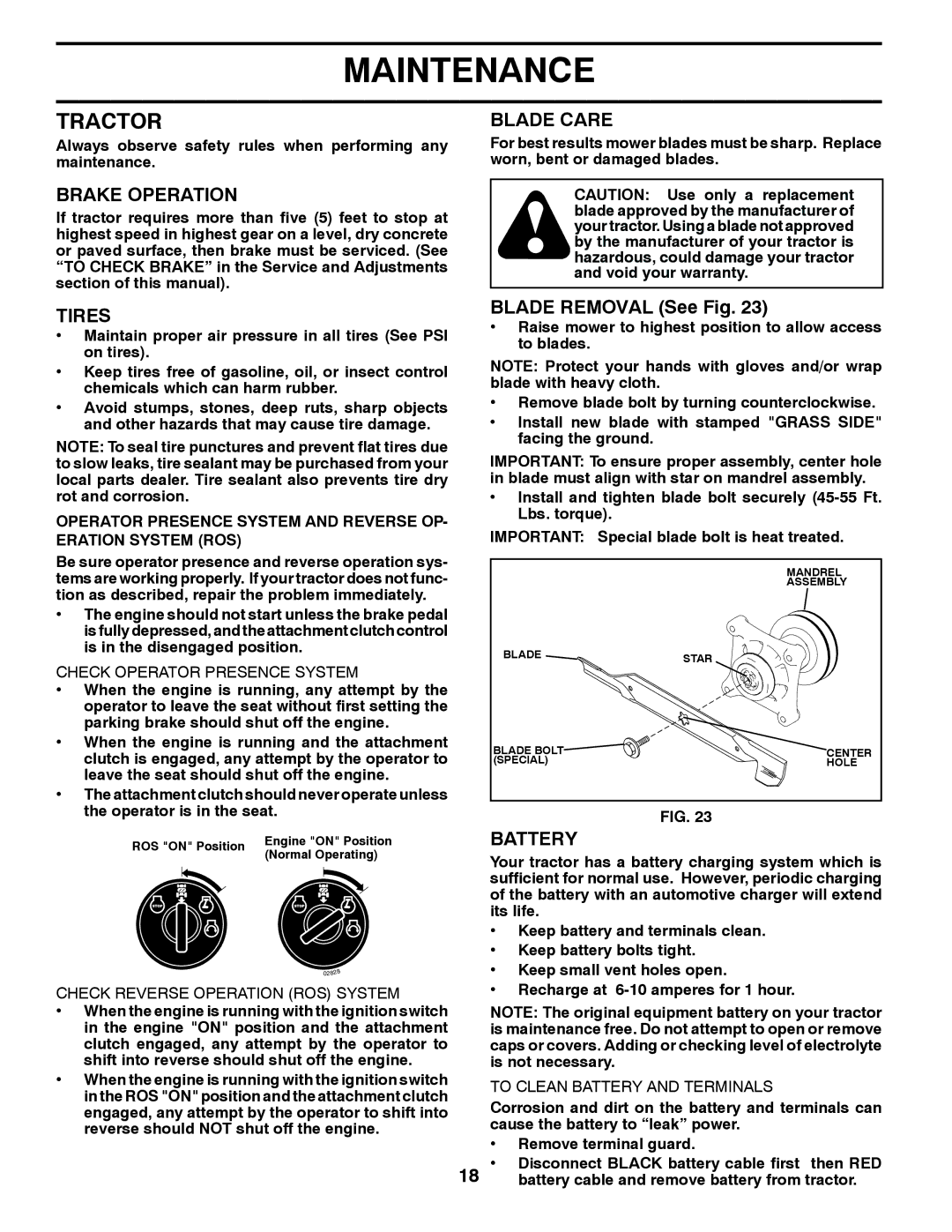 Poulan 9604200602, 425858 manual Tractor, Brake Operation, Blade Care, Tires, Battery 