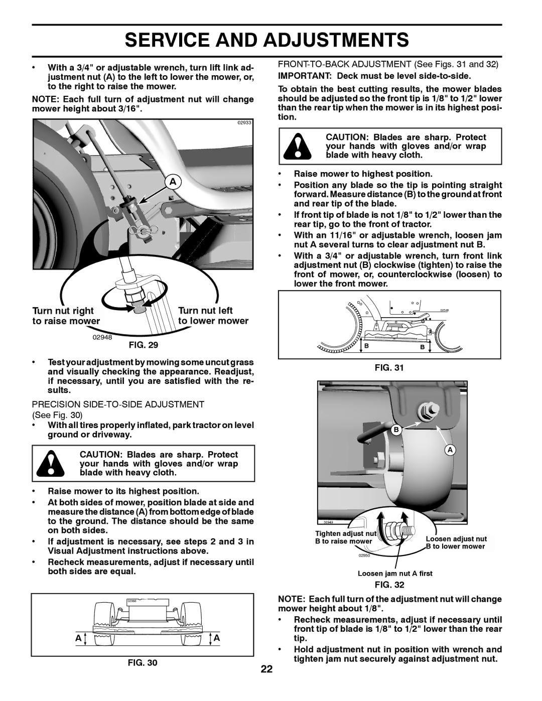 Poulan 9604200602, 425858 manual Turn nut right Turn nut left To raise mower, To lower mower 