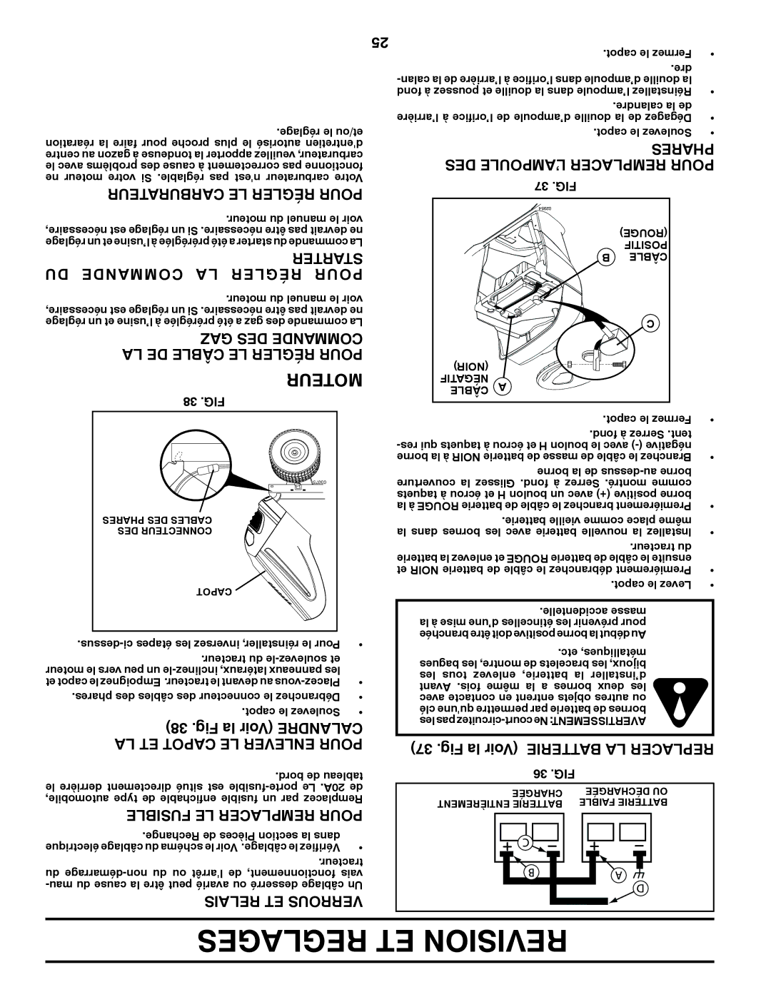 Poulan 9604200602, 425858 manual Reglages ET Revision, Carburateur LE Régler Pour, Fig la Voir Batterie LA Replacer 