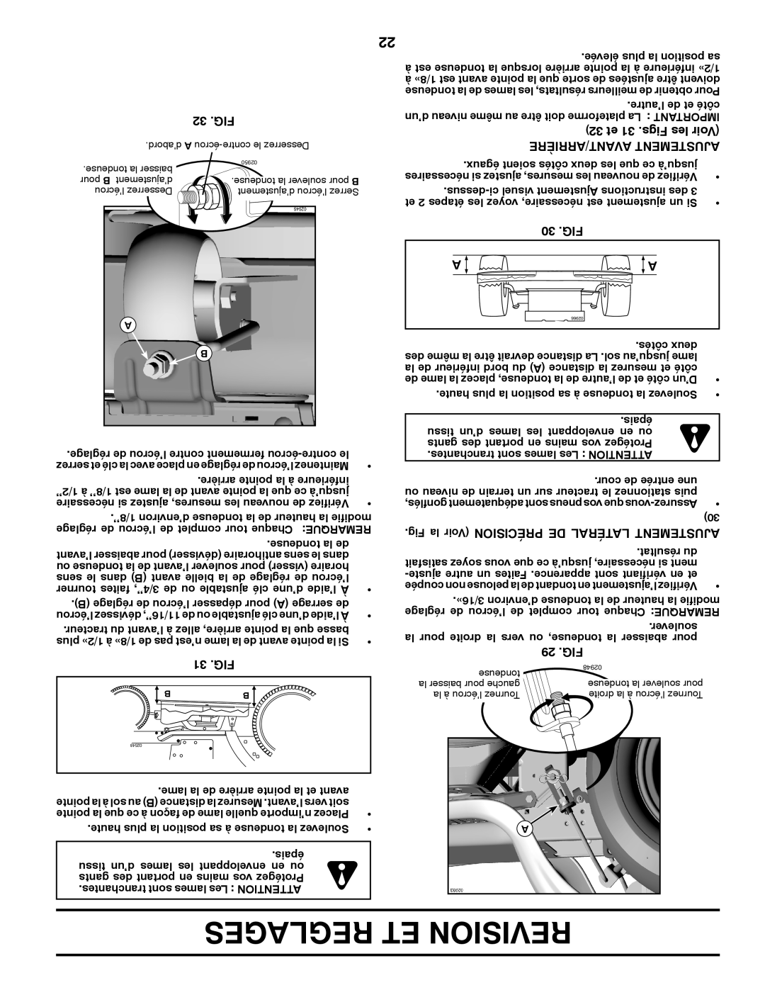 Poulan 425858, 9604200602 manual AVANT/ARRIÈRE Ajustement 