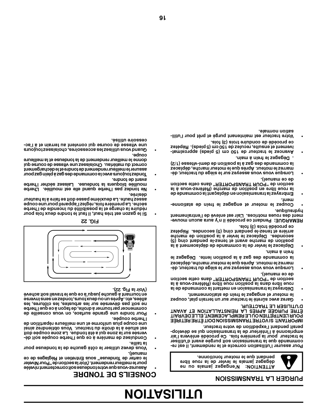 Poulan 425858, 9604200602 manual Utilisation, Transmission LA Purger, 22 .FIG 