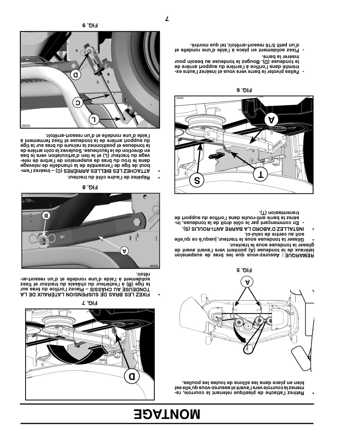 Poulan 9604200602, 425858 manual LA DE Latéraux Suspension DE Bras LES Fixez, ROULIS-ANTI Barre LA D’ABORD Installez 