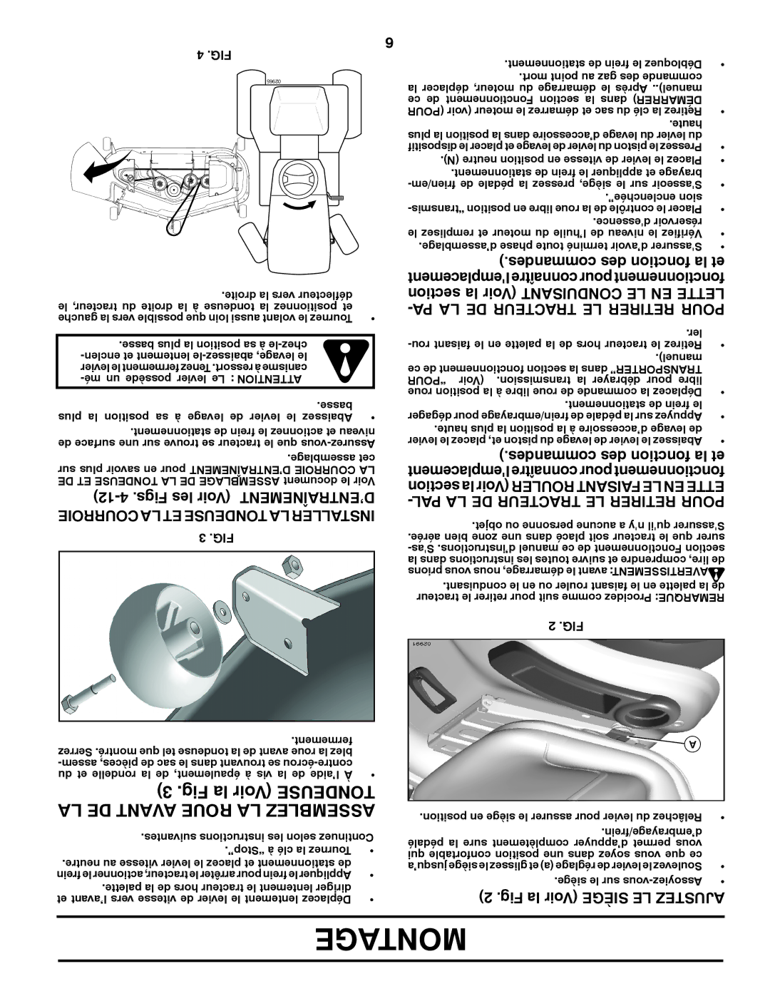 Poulan 425858, 9604200602 manual PA LA DE Tracteur LE Retirer Pour, PAL LA DE Tracteur LE Retirer Pour 