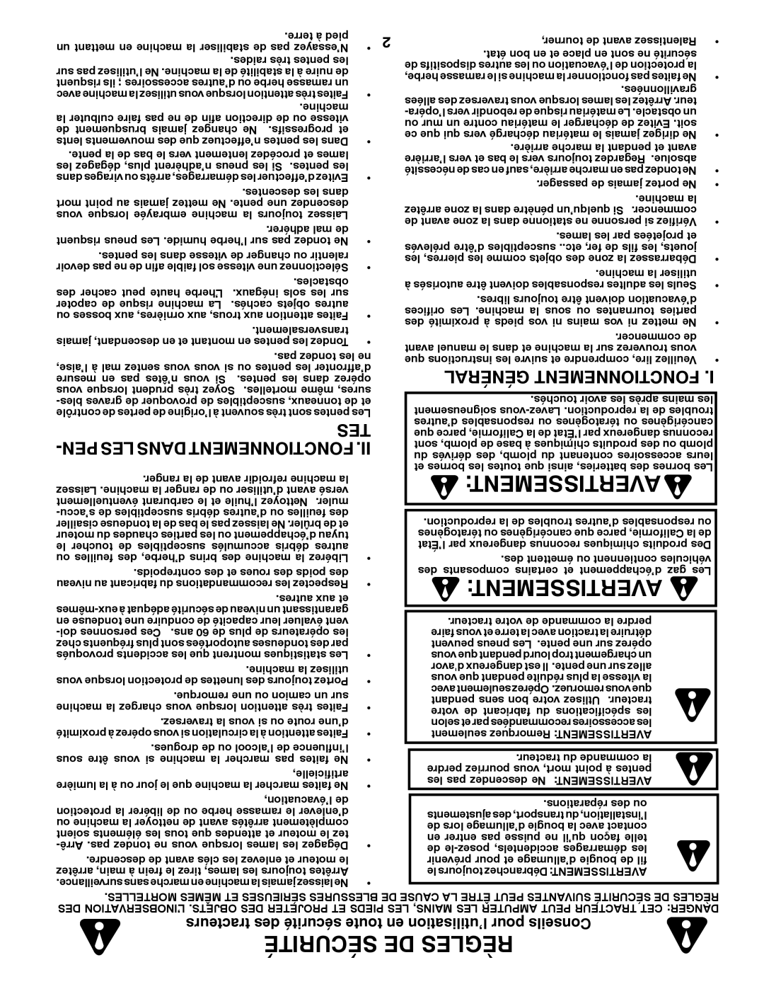 Poulan 425858, 9604200602 manual Tes, Tracteurs des sécurité toute en l’utilisation pour Conseils 