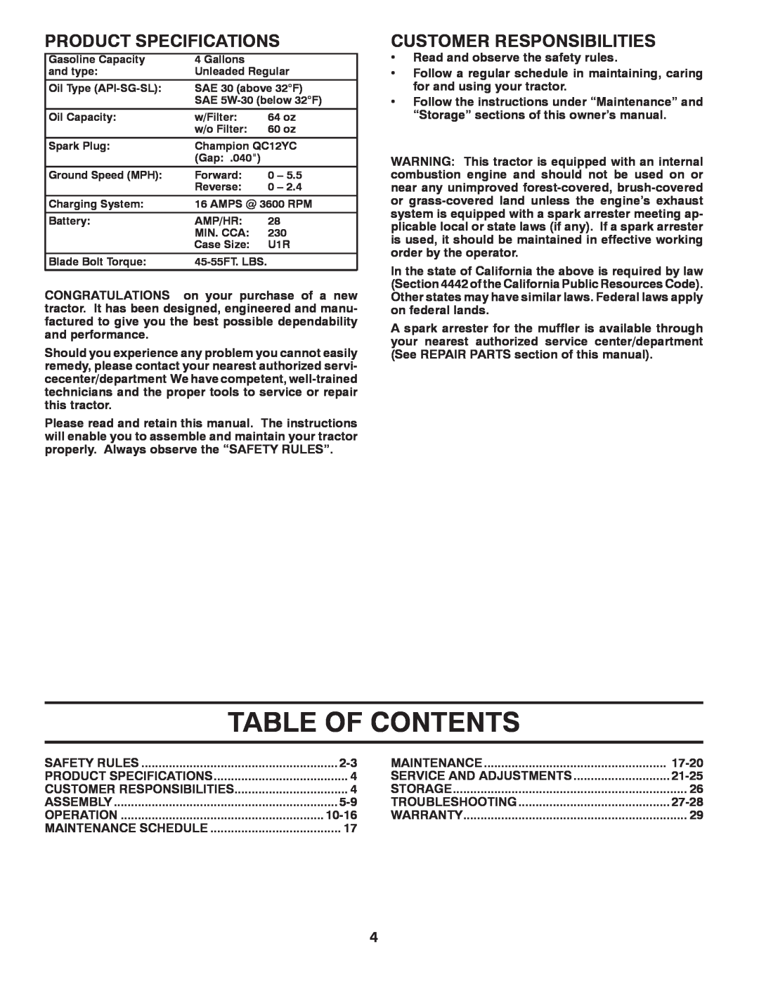 Poulan 9604200602, 425858 manual Table Of Contents, Product Specifications, Customer Responsibilities 