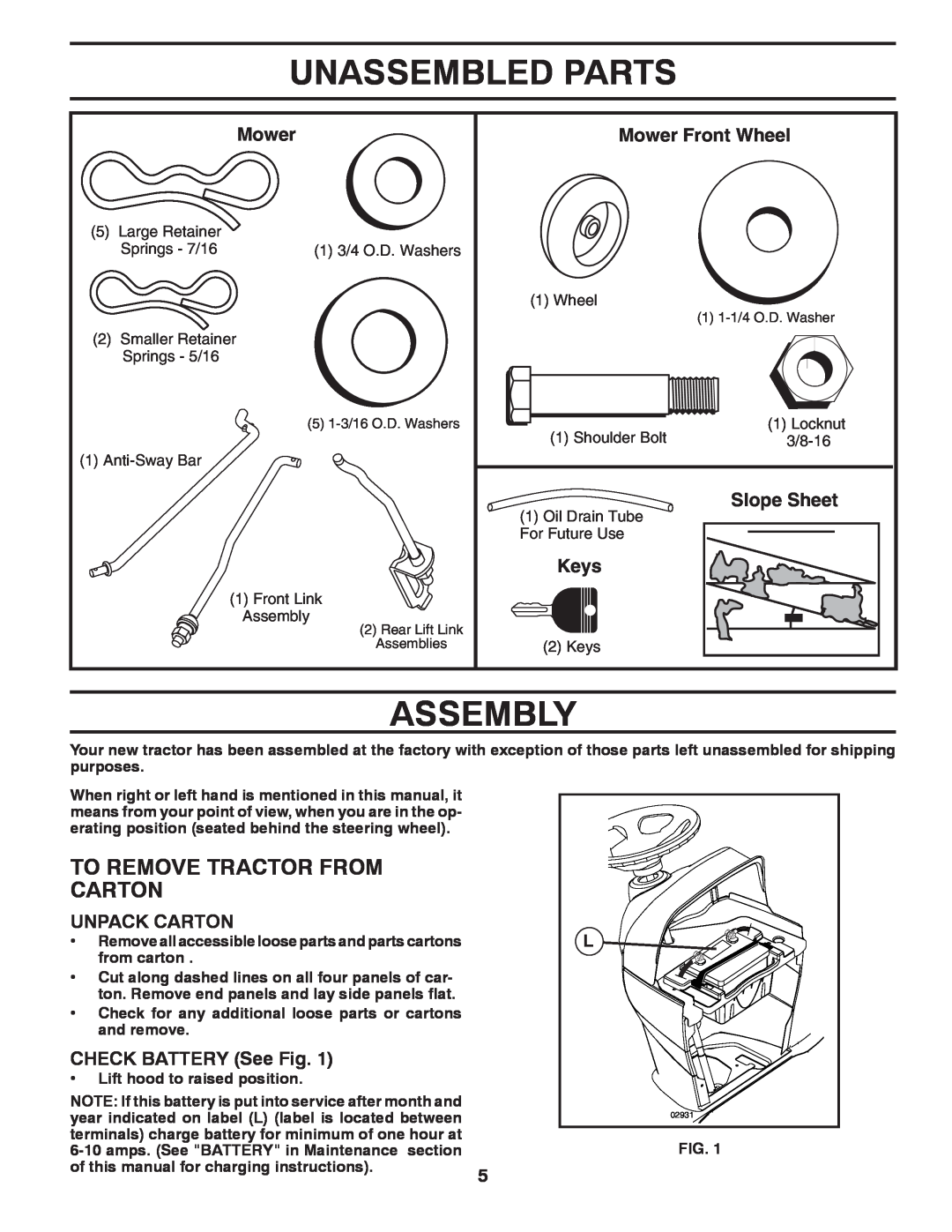 Poulan 425858 manual Unassembled Parts, Assembly, To Remove Tractor From Carton, Mower Front Wheel, Slope Sheet, Keys 