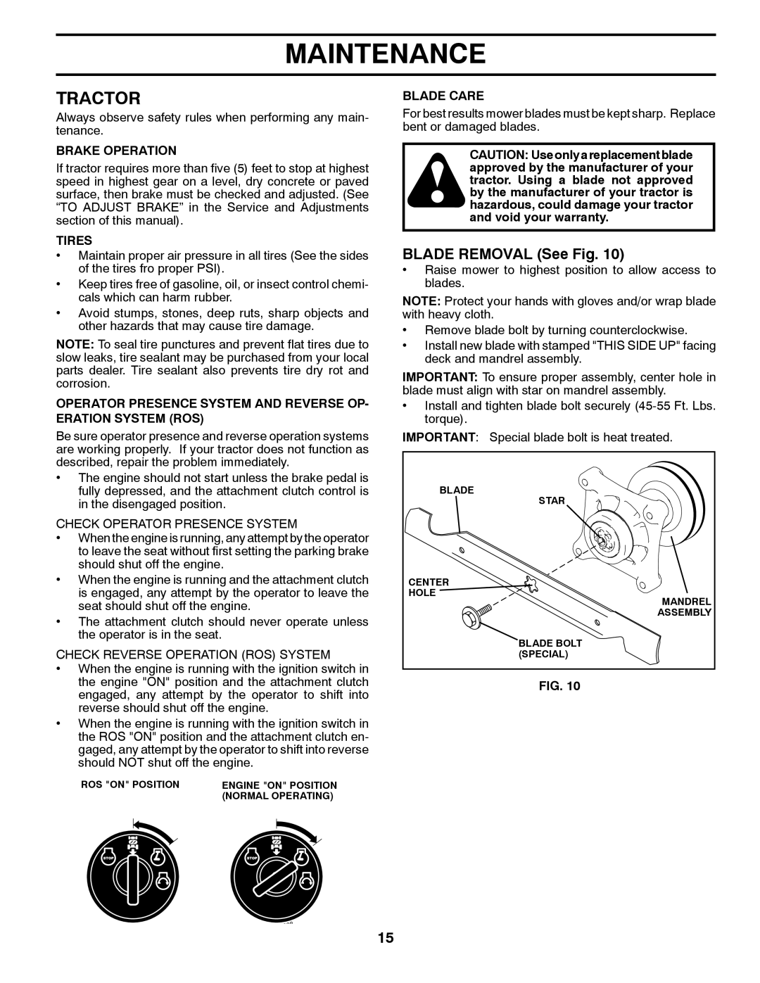 Poulan 96042006600, PB19546LTX, 418767 manual Tractor, Blade Removal See Fig 