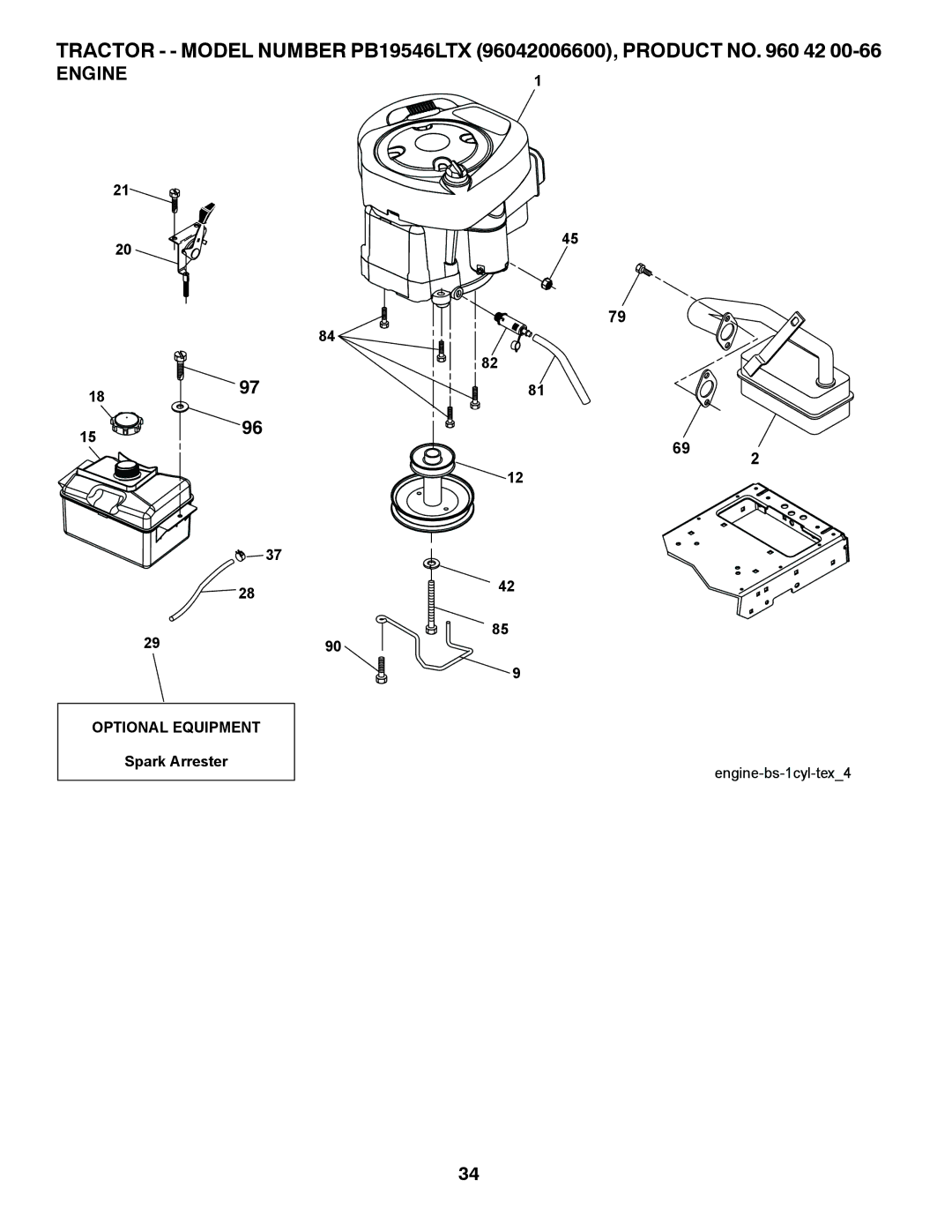 Poulan PB19546LTX, 96042006600, 418767 manual Engine 